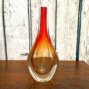 Novica Brazil Blown Art Glass Vase 3 Encased Colors Red, Orange & Transparent